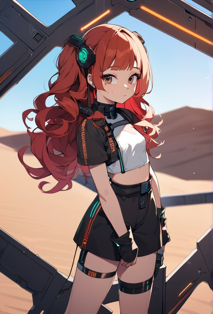 A woman, 20 years old, red hair, curly hair,((( very brown eyes))), parted hair bangs, cyberpunk outfit, summer outfit ,desert background, freckles, small breast, legs