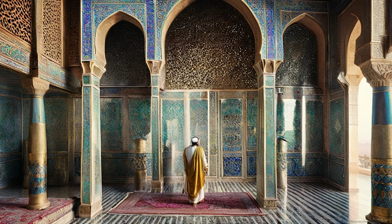 Nehemiah is standing, contemplating the view from a large window or balcony of the Persian palace in Susa. he is a noble looking man, wearing elegant royal cupbearer's clothes, like a Persian style tunic, with rich details and vibrant colors. His expression is one of deep concern and determination.. Through the window, you can see the city skyline, with Persian buildings and gardens in the background. The scene conveys a sense of contemplation and reflection, highlighting the tension Nehemiah feels as he assesses the situation in Jerusalem and the responsibility he carries.