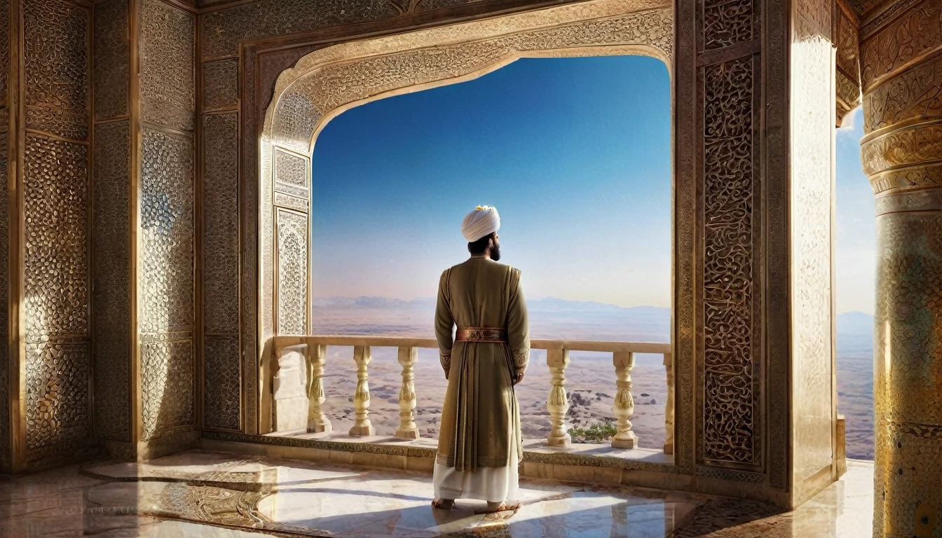 Nehemiah is standing, contemplating the view from a large window or balcony of the Persian palace in Susa. he is a noble looking man, wearing elegant royal cupbearer&#39;s clothes, like a Persian style tunic, with rich details and vibrant colors. His expression is one of deep concern and determination.. Through the window, you can see the city skyline, with Persian buildings and gardens in the background. The scene conveys a sense of contemplation and reflection, highlighting the tension Nehemiah feels as he assesses the situation in Jerusalem and the responsibility he carries.






