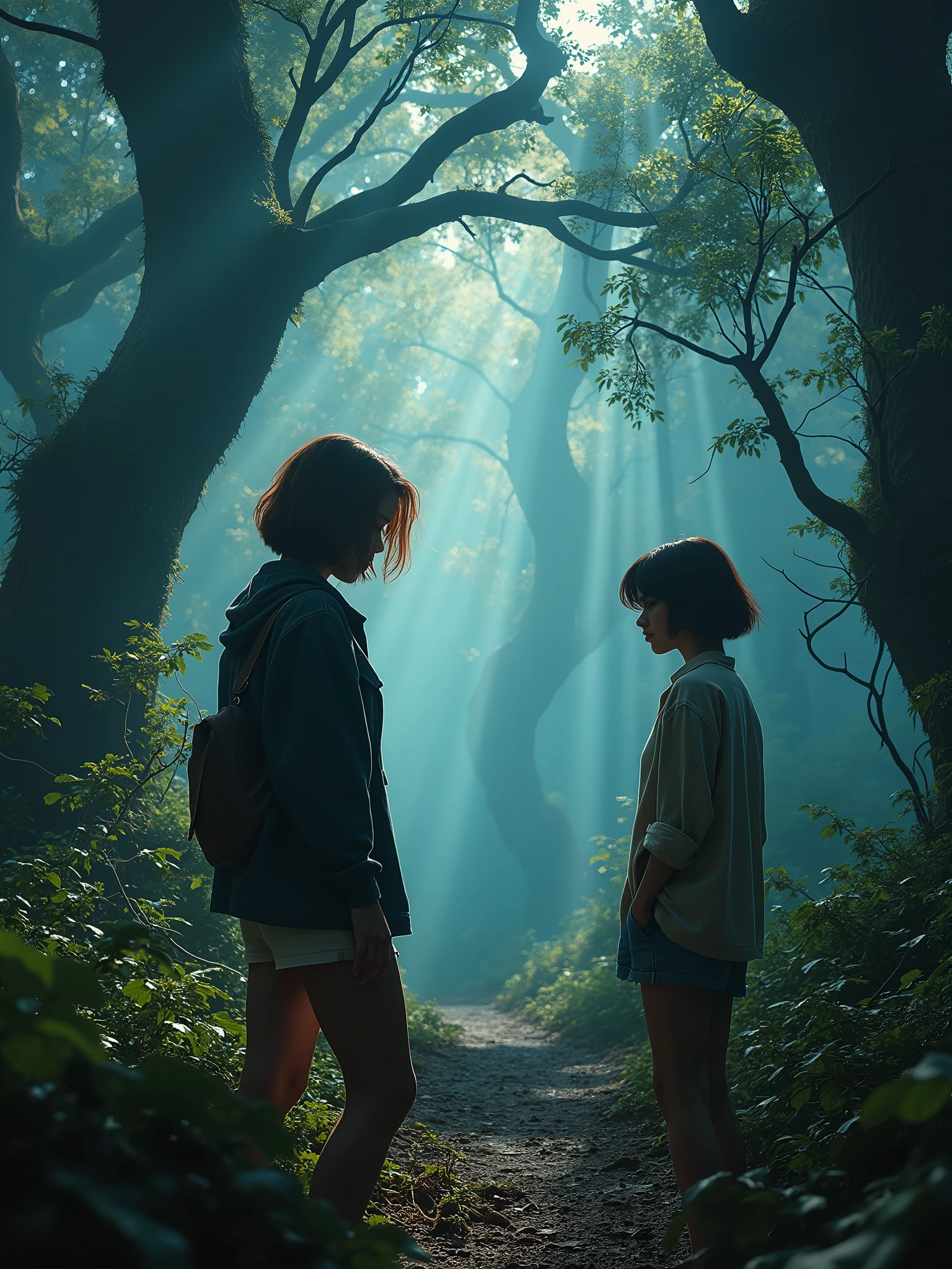 An ultra-realistic and highly detailed image of a 2 woman, Woman, short brown hair, in a thick forest, thorny trees, Epic images, high qualiy, fancy, swirly vibrant colors, night vision, casual clothes, casual clothes da moda ar-16:9 The scene was filmed on a Sony A7R IV camera with a 24-70mm f lens./2.8GM, which provides incredible clarity and richness of detail.