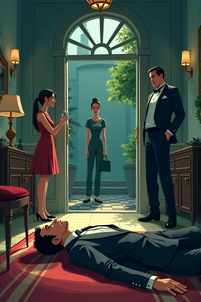 gardener a cleaning lady and a butler and a man lying on the floor of his mansion all with a look of suspense images of cartoon characters
