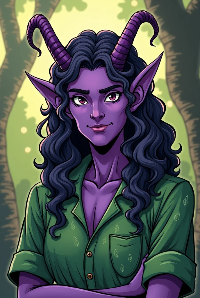 Create a tiefling druid with purple skin and small, curled horns. He has long, curly hair and wears a green shirt with leaf detailing. Ensure his face has a warm, welcoming expression with a subtle, refined smile that suggests friendliness without appearing childish. Use bold outlines and flat colors typical of traditional comic book art, but aim for mature proportions and features to maintain a sophisticated and engaging appearance