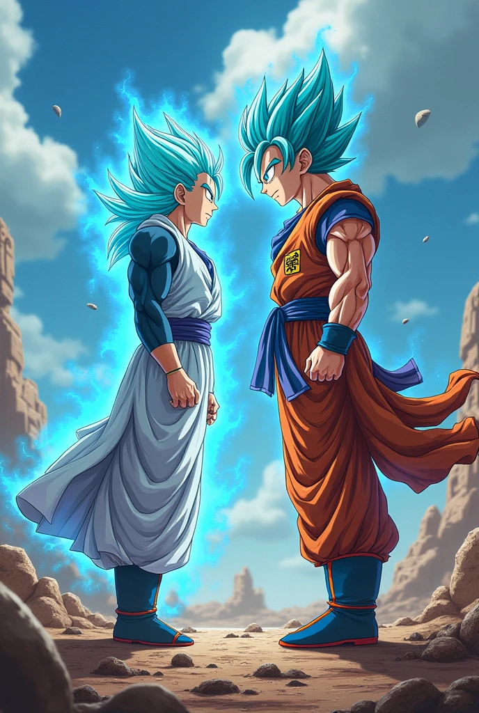 I created an image of Goku in SSJ Blue phase wounded and fighting against Saitaman in his maximum splendor 