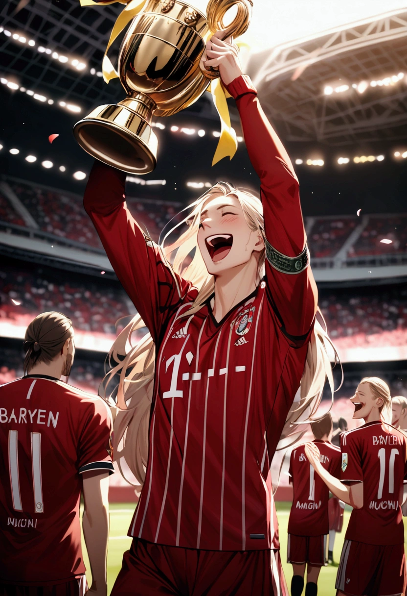 Swedish football player with long hair and wearing Bayern Munich uniform inside a stadium celebrating laughing with trophy in hand