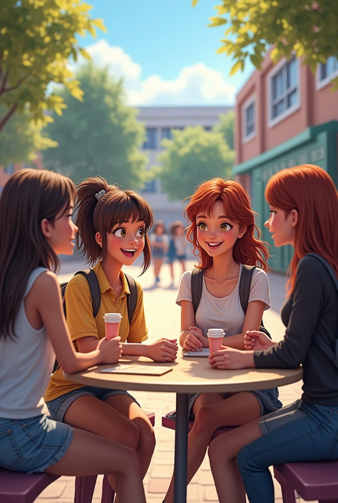 A teenage girl talking with her friends in a group at school