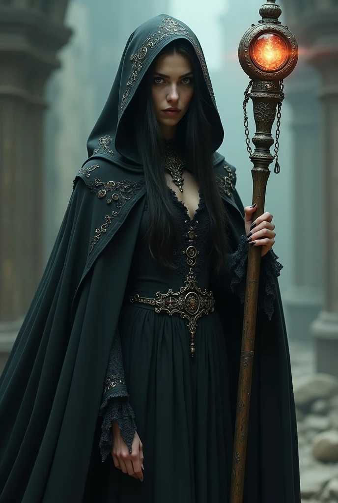 The witch would be a tall, thin woman, with long black hair and piercing eyes. She would be dressed in a dark colored flowing cape, decorated with magical symbols and with a hood that hides part of the face. Under the cover, she would wear a long, elegant dress, adorned with lace details and luxurious fabrics.

The witch would be carrying an ornamental staff, covered in runes and crystals, that would shine with a magical light. She would have a serious and enigmatic expression, denoting his power and wisdom of the mystical world.