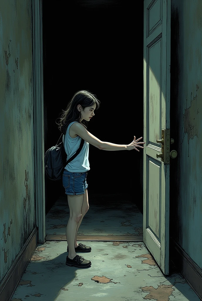 You can create a horror comic type image following this text:Sarah slowly approaches a dark door, from which the noises seem to come. His hand is extended, about to grab the handle.