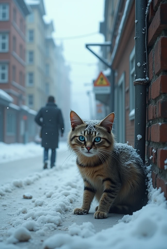 Toracha's fur、Blue Eyes、4K,Cold winter day、A small abandoned cat is shivering in a corner of the city, searching for a warm place。The cat is skinny、The hair is a little messy、I can see how cold it is.。Snow falls quietly、Gray sky in the background。The cat was walking down a deserted road、Wandering around in search of food。People passing by々Didn't notice the cat、A scene of loneliness and solitude。The cold of the freezing winter and the loneliness of a cat、Painting scenes that resonate with the viewer