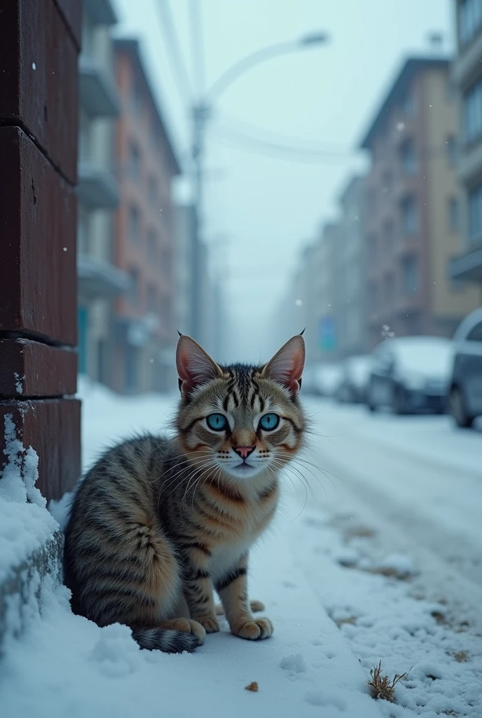Toracha's fur、Blue Eyes、4K,Cold winter day、A small abandoned cat is shivering in a corner of the city, searching for a warm place。The cat is skinny、The hair is a little messy、I can see how cold it is.。Snow falls quietly、Gray sky in the background。The cat was walking down a deserted road、Wandering around in search of food。People passing by々Didn't notice the cat、A scene of loneliness and solitude。The cold of the freezing winter and the loneliness of a cat、Painting scenes that resonate with the viewer