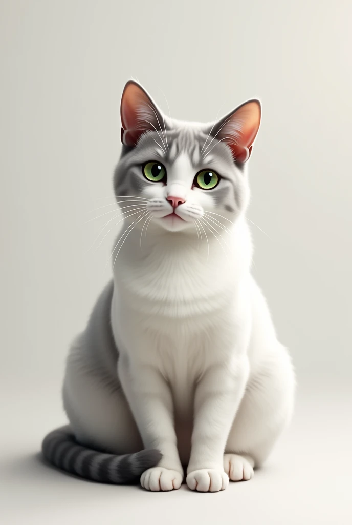 Adult white and gray cat with ears, back and tail lead Do it with more gray With green eyes/light yellow and fat Without stripes, that is monochromatic Short hair