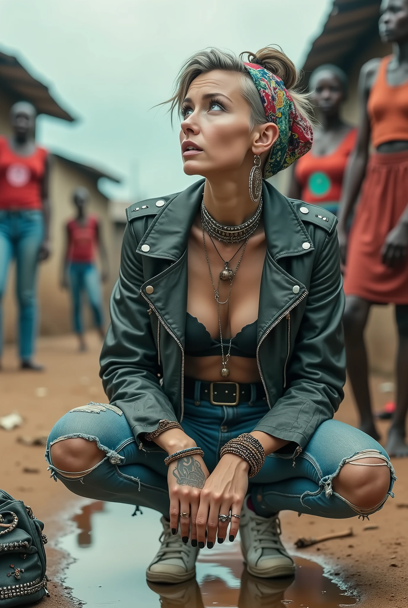 russian milf woman, grey hair (top bun, shaved sides), colourful bandana as headband, with very light blue eyes, extremely pale skin. Wearing cropped aged black moto jacket with lots of zippers and pins, flipped up collar. Worn skinny dark low rise blue jeans with patches, wet knees. Black and red tight push up bra, Dirty White tennis sneakers, with bracelets around ankles. Chain around hips like belts. Dirty knees, dirty feet and muddy hands. Wide studded belt. Lots of metallic bracelets, lots of boho pendants and lots of colourful beads collars. Long huge boho. Chains around the hips. Squatting on a puddle with hands on her hips, looking up, chin up, stretching her neck , needy facial expression. Bracelets in ankles and rings in fingers. Black nail polish. studded black leather tote bag with chain on the floor, next to her.. Listening looking up in amazement to somebody speaking to her from the sky, upper teeth visible. Well toned abdominals, thin neck, slim legs and thin arms. Narrow hips Cleavage, stomach, neck, tigh and hands completely covered with tattoos. Dirt street in Kenyan village full of waste. A lot of tanned fat women in traditional dresses around looking at her. next to her, all her belongings scattered on the floor: tobacco packs, makeup kit, little makeup mirror, studded black leather tote bag, lipstick, wallet, moble etc on the floor, point of view; from above