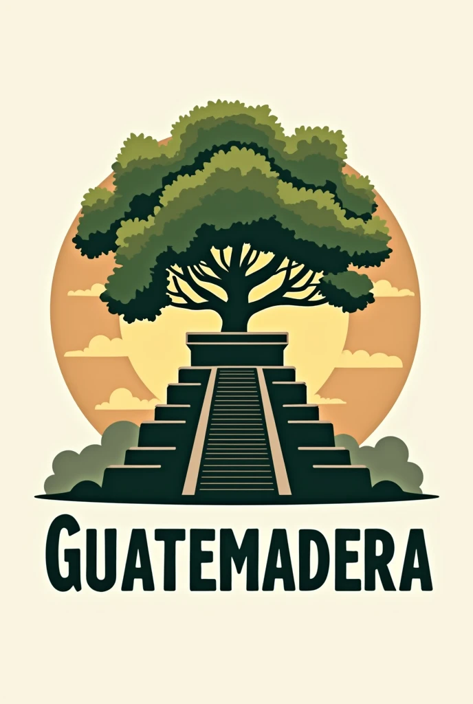 Create a company logo based on a tree and a Guatemalan Mayan ruin in the background and surround it with some letters and say Guatemadera 