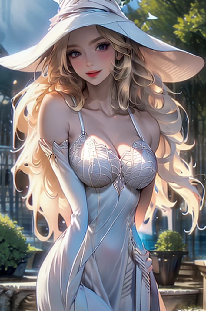 white dress, pale skin, blonde hair, white mage, slender hourglass, smile, grassy hills background, big boobs