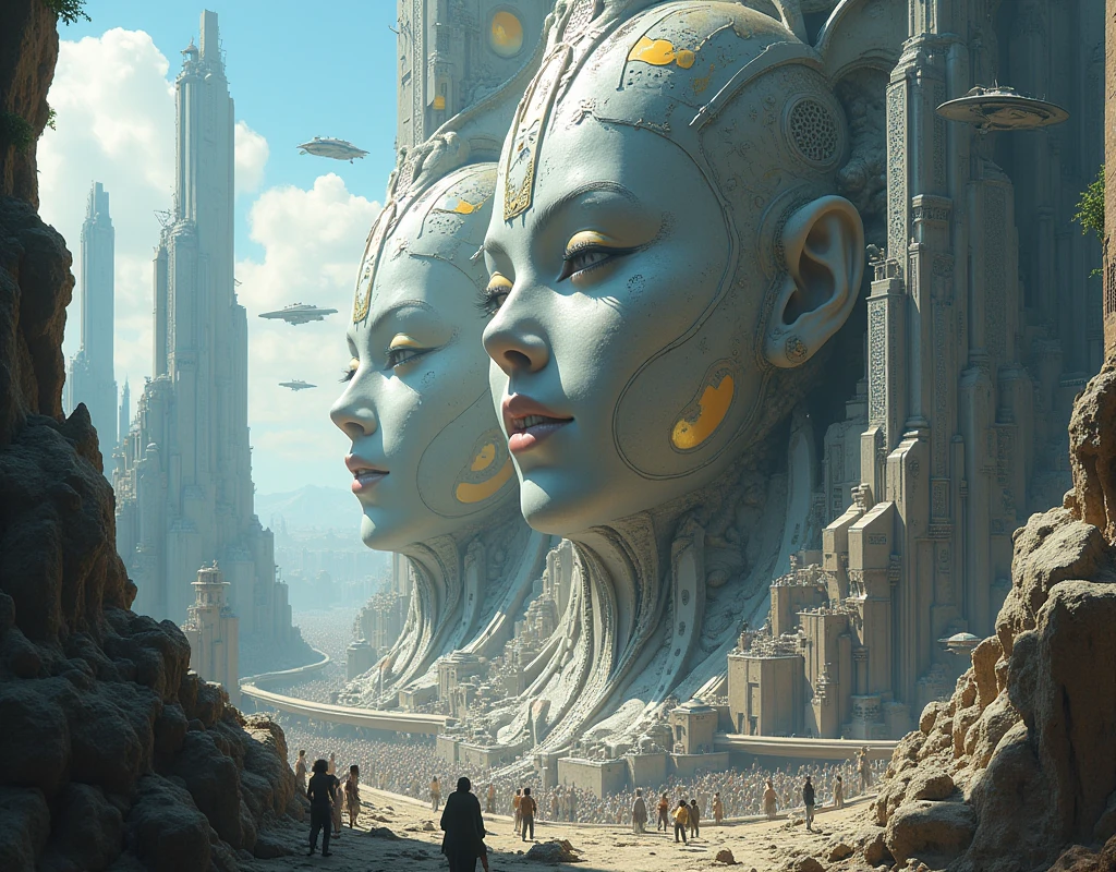 A detailed illustration of a sprawling, futuristic metropolis built from organic and metallic materials. Towering structures with intricate carvings and glowing panels rise into the sky, while smaller buildings and pathways wind through the city. Three colossal, androgynous faces are embedded in the central structure, their expressions serene and contemplative. sky is filled with advance space ships, crowed city space with advance Futuristic transports and civilians, shallow depth of field, natural soft lighting, intricate details, 16k, masterpiece, realistic, dramatic lighting film grain, 85mm, Sony a7 4 focus, 85mm 1.2 Gmaster, smooth, sharp focus, golden ratio, dramatic illumination, ultra-realistic, wonderful masterpiece highly detailed, beautiful cinematic light deep focus,