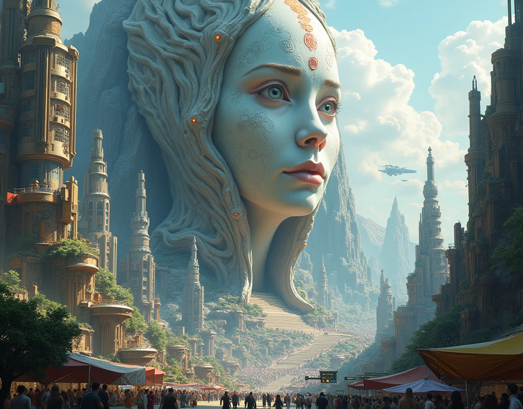 A detailed illustration of a sprawling, futuristic metropolis built from organic and metallic materials. Towering structures with intricate carvings and glowing panels rise into the sky, while smaller buildings and pathways wind through the city. Three colossal, androgynous faces are embedded in the central structure, their expressions serene and contemplative. sky is filled with advance space ships, crowed city space with advance Futuristic transports and civilians, shallow depth of field, natural soft lighting, intricate details, 16k, masterpiece, realistic, dramatic lighting film grain, 85mm, Sony a7 4 focus, 85mm 1.2 Gmaster, smooth, sharp focus, golden ratio, dramatic illumination, ultra-realistic, wonderful masterpiece highly detailed, beautiful cinematic light deep focus,