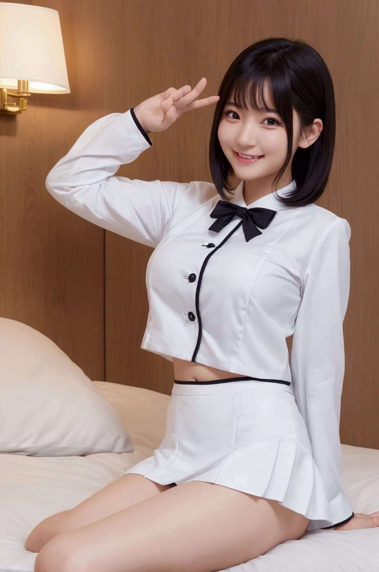 Burning idol pose Adorable smile Hotel bed uniform White clothes High resolution Big Breasts Black mini skirt The skirt should be short Beautiful feet Beautiful Hair height: 155cm No sleeve