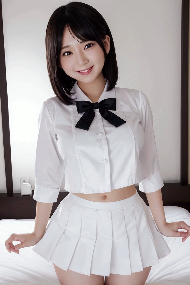 Burning idol pose　Adorable smile　Hotel　bed　uniform　White clothes　High resolution　Big Breasts　Black mini skirt　The skirt should be short 　Beautiful feet　Beautiful Hair　height: 155cm　No sleeve