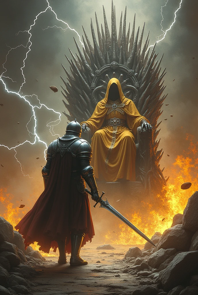 A knight in silver armor with silver lightning wrapped around his body and holding a sword walked towards a throne full of giant thorns.,On the throne sat a pagan in golden garments and a hood.,The throne was shattered and golden flames were emanating from it.