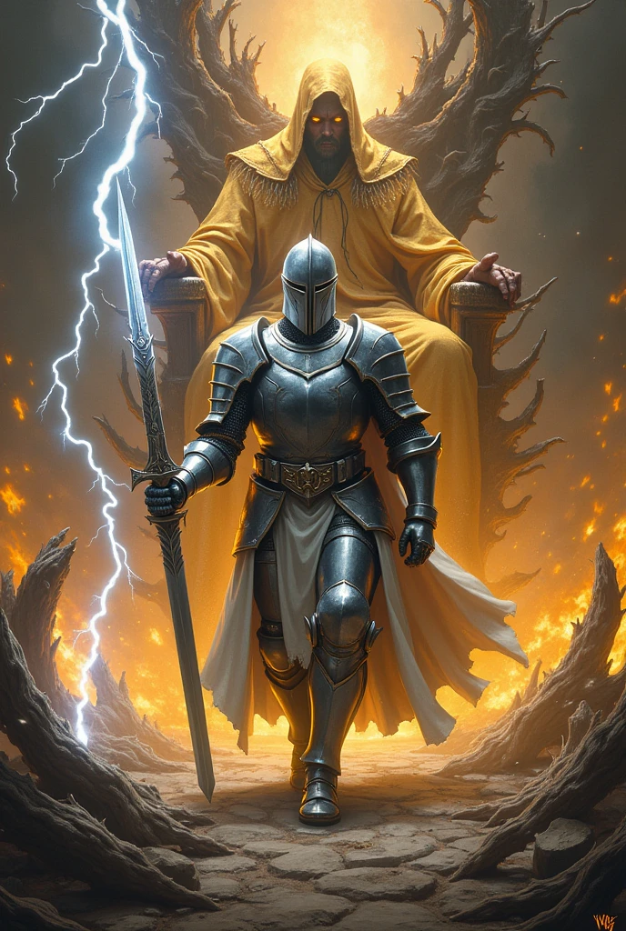 A knight in silver armor with silver lightning wrapped around his body and holding a sword walked towards a throne full of giant thorns.,On the throne sat a pagan in golden garments and a hood.,The throne was shattered and golden flames were emanating from it.