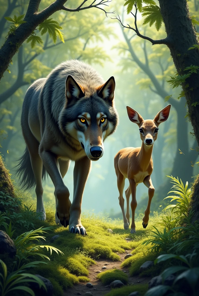 Make a drawing of a wolf hunting a deer