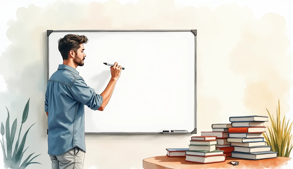 watercolor illustration of person writing on whiteboard and books on table