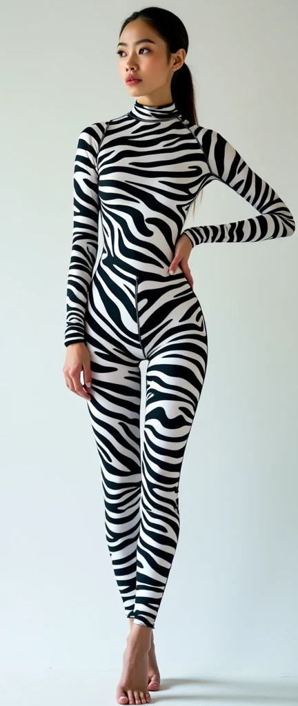 The beautiful,thin and clever asian muslimah adult girl with beautiful cheeks wears zebra print lycra footed turtleneck unitard catsuit covered with stripes and zebra print lycra elastane stretchy dancewear square hijab covered with stripes.She puts zebra stripes as makeup on the face.
