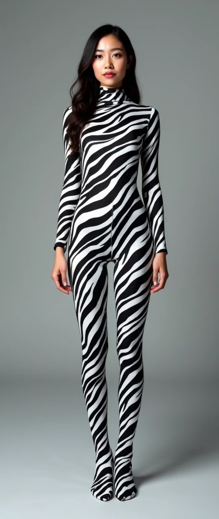 A 3 thin and beautiful asian muslimah muslim woman wears zebra print lycra turtleneck unitard catsuit.She always wear cotton zebra print hijab.She is standing.