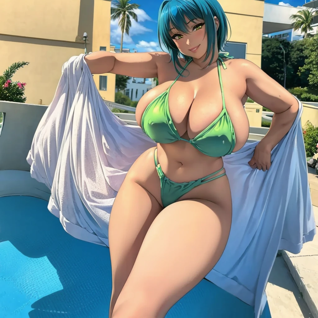 Highschool dxd, Xenovia, 1girl, ((())), short blue hair, yellow eyes, puffys, painted lips, thick lips, wide hips, thick thighs, huge ass, Smilace, bubble butt, camel Breas bikini, po bathing