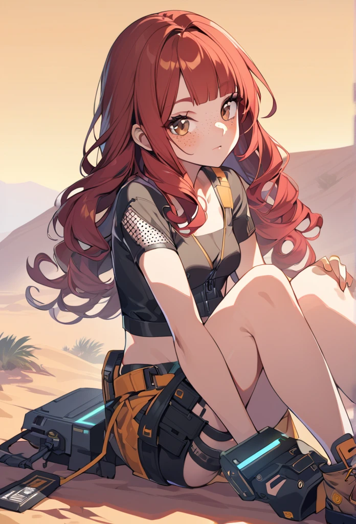 A woman, 20 years old, red hair, curly hair,((( very brown eyes))), parted hair bangs, cyberpunk outfit, summer outfit ,desert background, freckles, small breast, legs