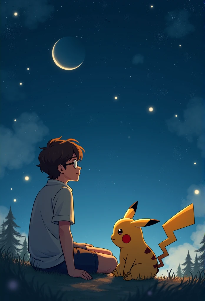 Young man, with glasses and wavy hair sitting with Pikachu, Looking at the starry sky at night