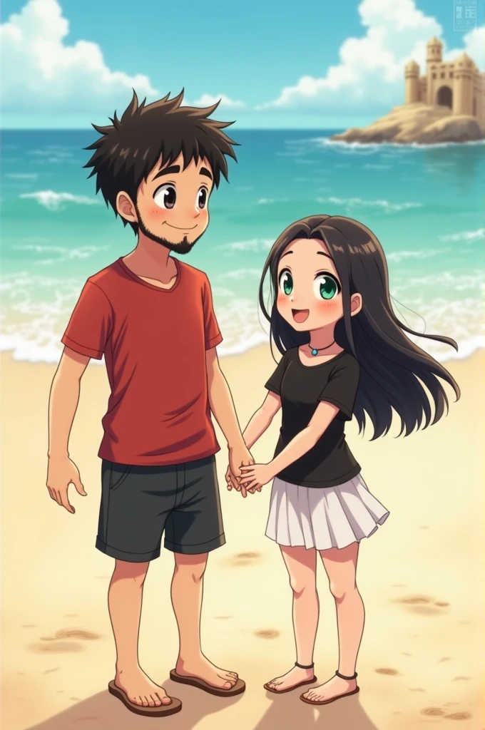 Make an anime drawing of a boy of average height with fair skin and a young, smiling face. He has short, wavy hair, Dark in color, a little messy on top. The forehead is medium in size, and the eyebrows are thick and well defined. The eyes are medium in size, dark, and the smile is friendly, He has a thin mustache and a full beard on his chin., but the cheek area and the rest of the face are sparsely bearded, which gives a distinctive look. Ele está usando uma camiseta vermelha e um short preto e uma garota jovem de altura normal tem a cabeça de forma ovolada cabelos longos e dark pretos, that fall on both sides of the face. She has fair skin and beautiful charming eyes green like emeralds She is smiling slightly She is wearing a black outfit with a white skirt and she is wearing a small necklace They are having fun together on a beach like best friends The girl must be a little taller than the boy They must be looking forward and holding hands There must be a small sand castle Remember the girl is a little taller than the boy