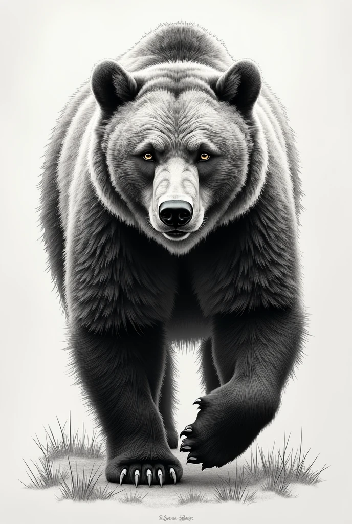 Create a micro realistic tattoo of a real bear walking in black and white pointillism