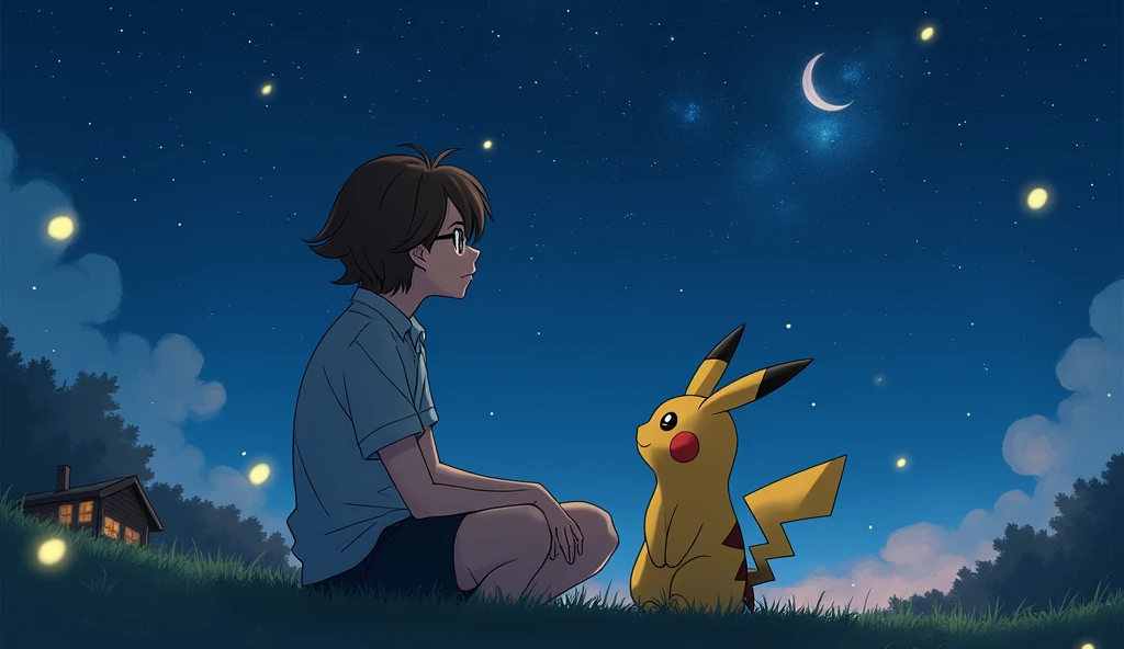 Young man, with glasses and wavy hair sitting with Pikachu, Looking at the starry sky at night