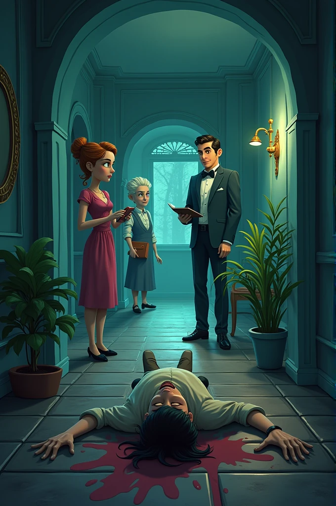  gardener a cleaning lady and a butler and a dead man with his eyes closed and lying on the floor of his mansion all with a look of suspense images of cartoon characters 
