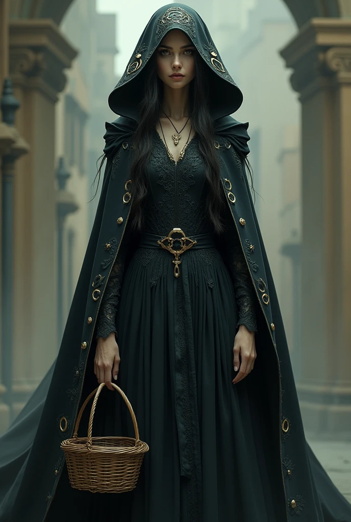 The witch would be a tall, thin woman, with long black hair and piercing eyes. She would be dressed in a dark colored flowing cape, decorated with magical symbols and with a hood that hides part of the face. Under the cover, she would wear a long, elegant dress, adorned with lace details and luxurious fabrics.
The witch would be carrying a basket.