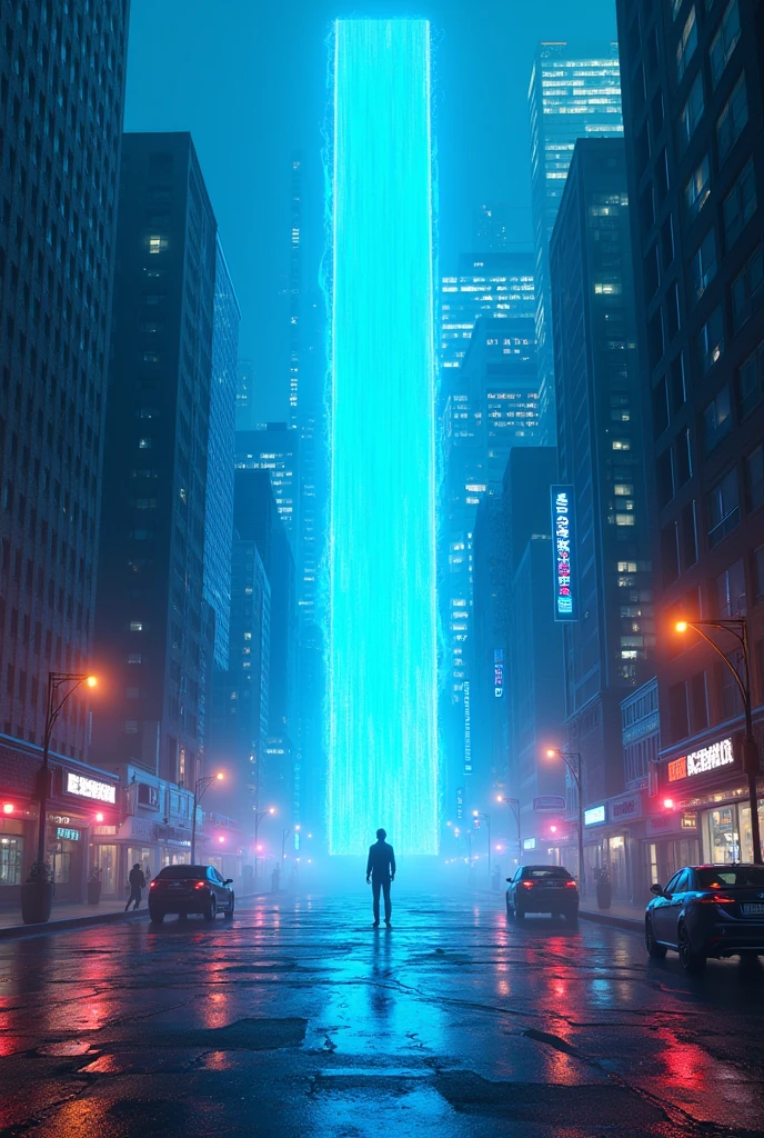 (Glitch Art), holographic, interdimensional blue distortion space on the center of cyberpunk street city