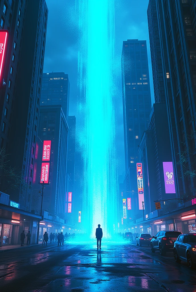(Glitch Art), holographic, interdimensional blue distortion space on the center of cyberpunk street city