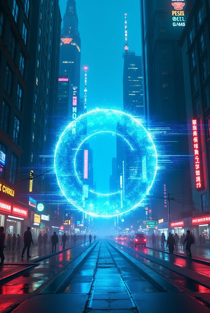 (Glitch Art), holographic, interdimensional blue distortion space on the center of cyberpunk street city