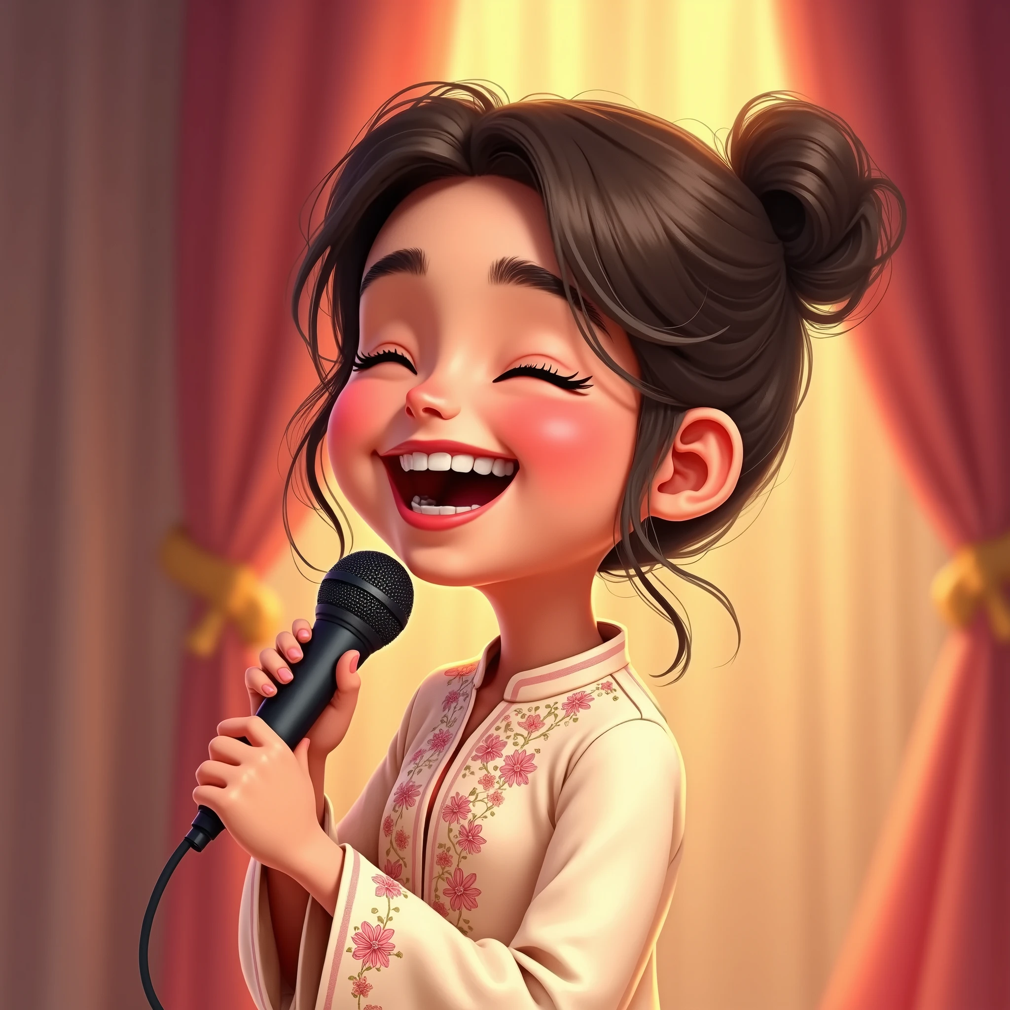 Lily, (highest quality, 4k, masterpiece:1.3), A young Pakistani Muslim girl wearing a traditional cream shalwar kameez with pink floral embroidery. Her hair is styled in a neat bun with loose strands framing her face, as seen in previous images. A close-up of her face, laughing joyfully, eyes closed, holding a microphone near her mouth. The image is in a 2D animation style, with bright colors, cartoonish features, and soft, smooth shading. The background shows soft curtains, warm stage lighting, and a playful, joyful atmosphere. Clear outlines, simple textures, and an illustrated, digital painting look. (Cream shalwar kameez, pink floral embroidery, consistent outfit:1.3), (same hairstyle as before:1.3), (microphone in hand:1.3), (microphone always visible:1.3)