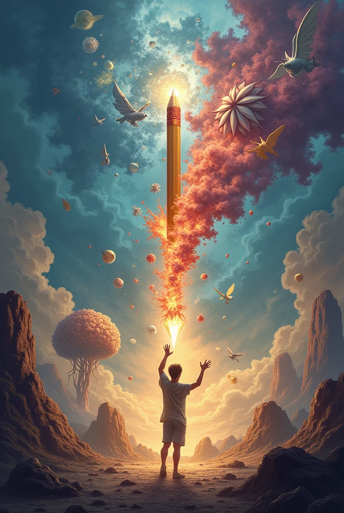Holding a giant magic pencil that's firing away all sorts of  wacky, imaginative things.
