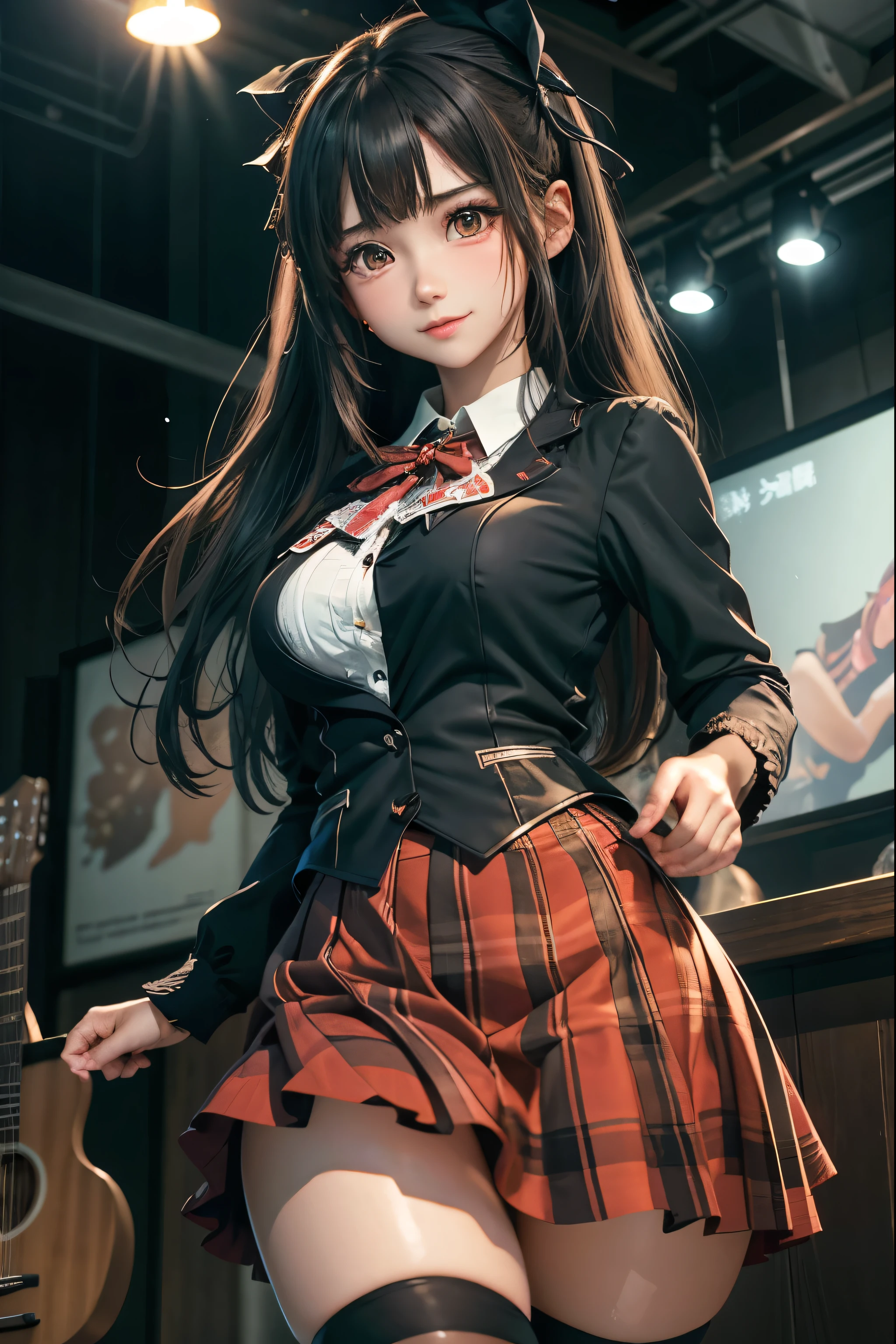 High school girl blazer、uniform、Red checked knee-length skirt、Long skirt、JK Style、Jacket、smile、Knee-high socks、Thigh-high socks、pantyhose、Extremely beautiful、Super cute、ennui、Rare Beauty、Dark black eyeshadow、sad、Skin radiance、Long Hair Straight Hair、Dark Gothic Makeup、Dark Smile、Fragrant beauty、Stained glass background、masterpiece、Highest quality、See 5 books、Sweat glistening on my chest、Sweat glistening on the face、Small breasts、2、Slightly slim、Mysterious look、Sad look、Mysterious Gothic Church、enchanting castle、Excessive sweating all over the body、Sweat dripping down thighs, shining in the light、Shiny thighs、Thighs、Sweat on thighs, shining brightly、sweat profusely、gal、Small breasts、Japanese face、Captivating look、Thin Thighs、play the guitar、I have a guitar、Enthusiastic singing、play the guitar in a band、Playing guitar chords、Background of the live music venue、Sing a song、Open your mouth、Scenery of a live music venue、Mike stand、Glamorous live stage、Dynamic Angles、Vivid straight long hair、delicate straight hair、