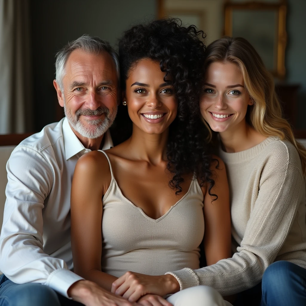realistic photo of a (pretty girl, 20 years old, brunette, black eyes) with an elder handsome man and a blonde girl at sofa , (full lips) , ((perfect face)), [[mild smile]], proportionate body,mixed herritage, beautyfull, beautyfull face, tanned skin, two arms, two legs, five fingers by hand, full body, (curly black long hair), brunette girl and handome man and blonde woman , (two girl and man), [photo taken from back] , (award winning photo), (realistic), nikon, canon, Sigma 85mm f/8

