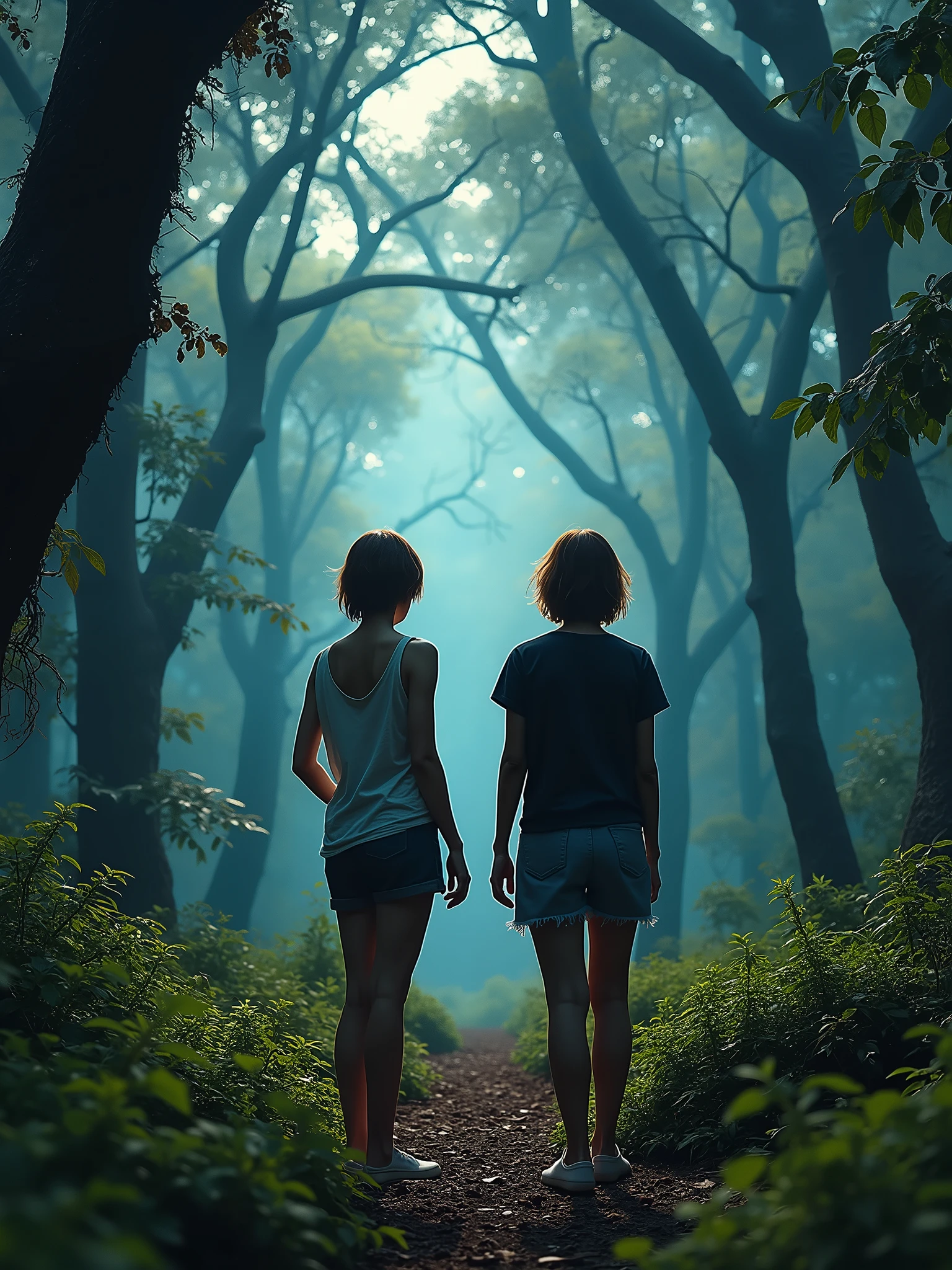 An ultra-realistic and highly detailed image of a 2 woman, Woman, short brown hair, in a thick forest, thorny trees, Epic images, high qualiy, fancy, swirly vibrant colors, night vision, casual clothes, casual clothes da moda ar-16:9 The scene was filmed on a Sony A7R IV camera with a 24-70mm f lens./2.8GM, which provides incredible clarity and richness of detail.