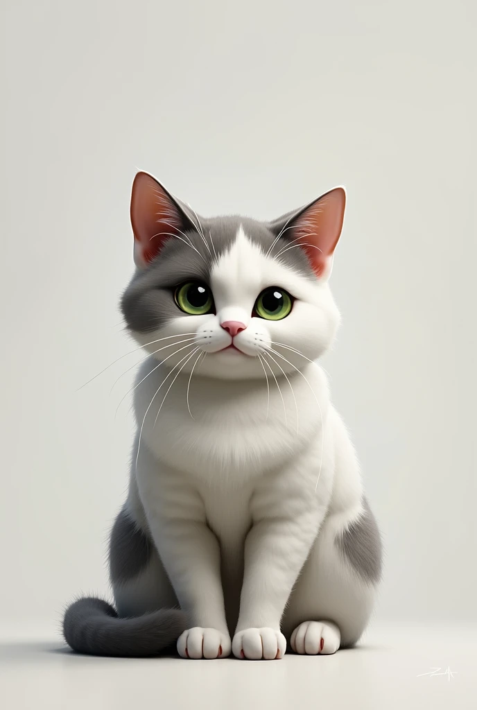 Adult white and gray cat with ears, back and tail lead Do it with more gray With green eyes/light yellow and fat, that is monochromatic Short hair Like this but more realistic