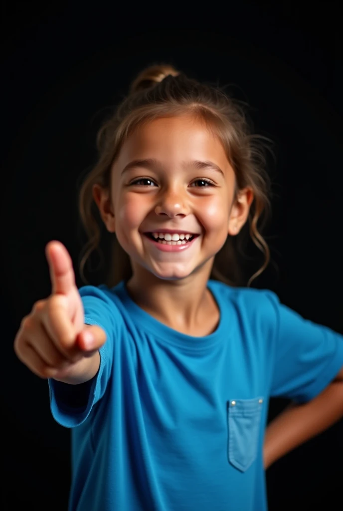 A young girl with a big smile on her face. She is wearing a blue t-shirt and is pointing his finger towards his right side. The background is black.