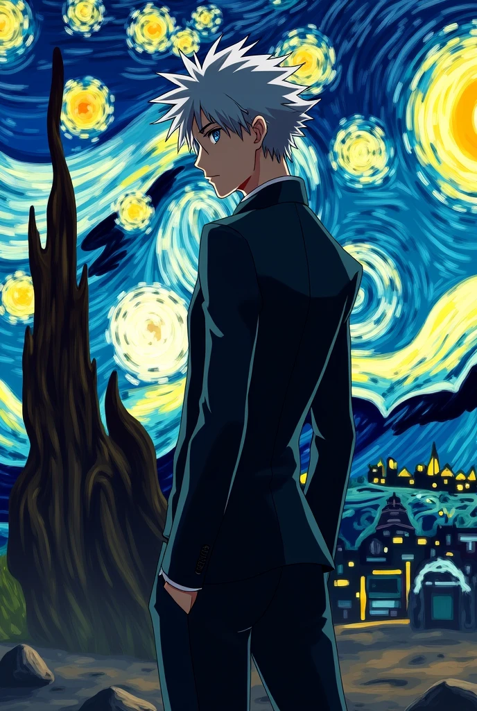 Ryusui Nanami wallpaper with his back turned to Van Gogh&#39;s starry night in the background