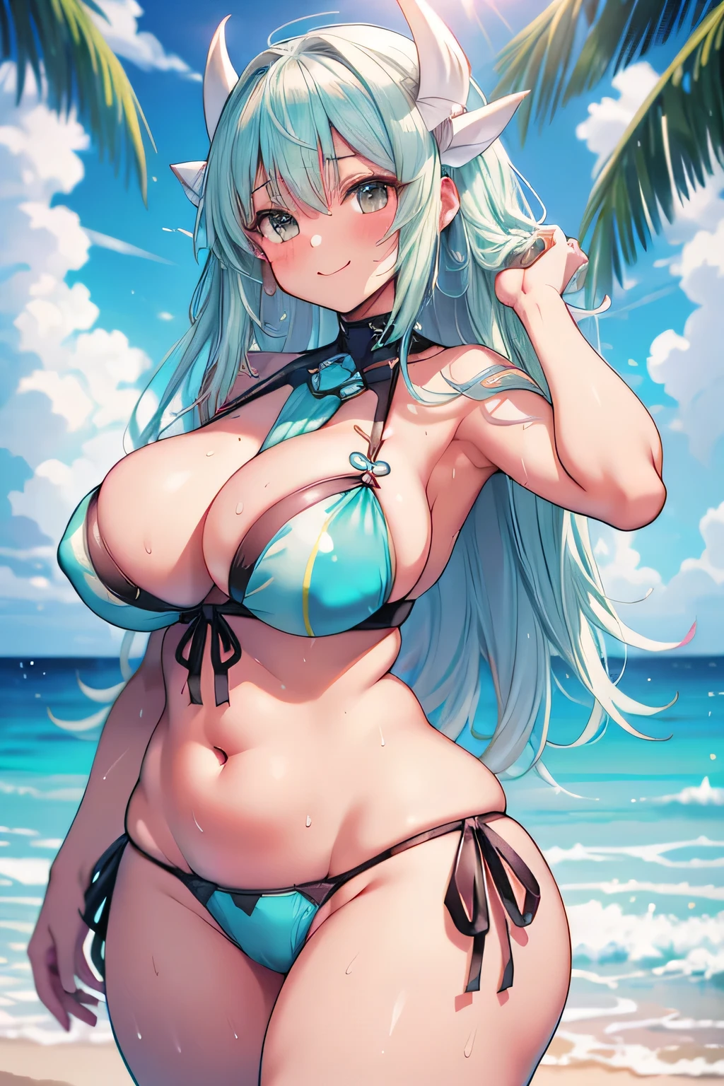 Hentai、High resolution、smile、Her breasts are super big、Kiyohime、Xenoblade Chronicles 2、A tanned, plump dancer spreads her legs and flirts on the beach live stage、Perfect proportions、Cowboy Shot、Fatty thick legs、Sweaty、Clear eyes