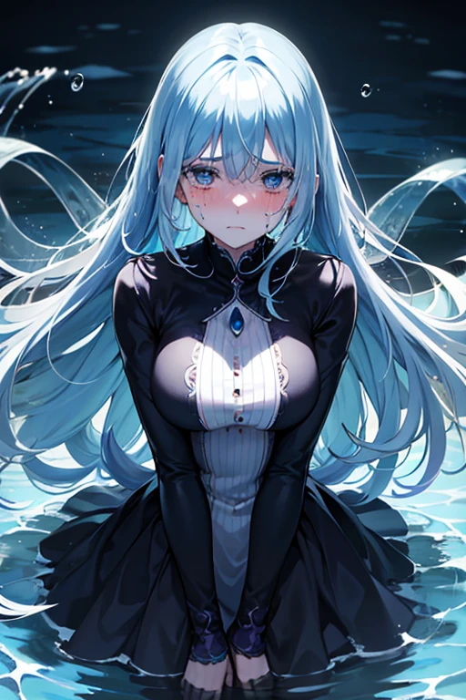 beautiful scary woman made of water (expression of sadness:1.2) Woman with (long water hair:1.2), sobbing, blush, looking ahead at viewer
