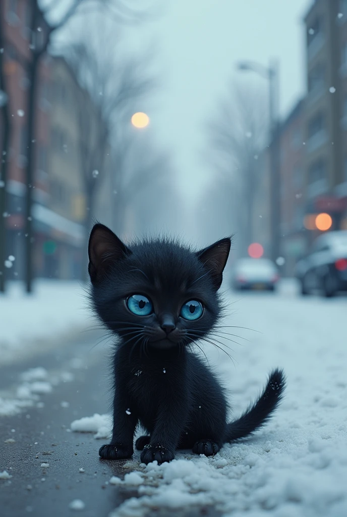 Black fur、Blue Eyes、Shivering kitten、Hungry、I&#39;m looking for someone to pick me up、４K,Cold winter day、A small abandoned cat is shivering in a corner of the city, searching for a warm place。The cat is skinny、The hair is a little messy、I can see how cold it is.。Snow falls quietly、Gray sky in the background。The cat was walking down a deserted road、Wandering around in search of food。People passing by々Didn&#39;t notice the cat、A scene of loneliness and solitude。The cold of the freezing winter and the loneliness of a cat、Painting scenes that resonate with the viewer