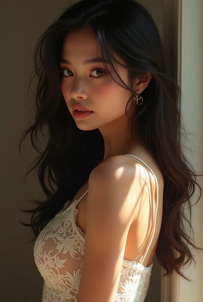 best quality, masterpiece,intricate detail, depth of field,highest quality,extremely detailed,high res,4k,ultra high res,detailed shadow,ultra realistic,realistic,dramatic lighting, 1 filipina girl, solo,detailed face,detailed eye,realistic skin,narrow waist,lace, lace trim,dress,delicate pattern, intricate detail, upper body shot, curvy body, brown skined